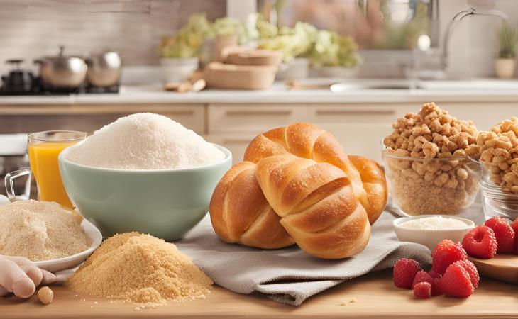 Mesa con panes, frutas y azúcar