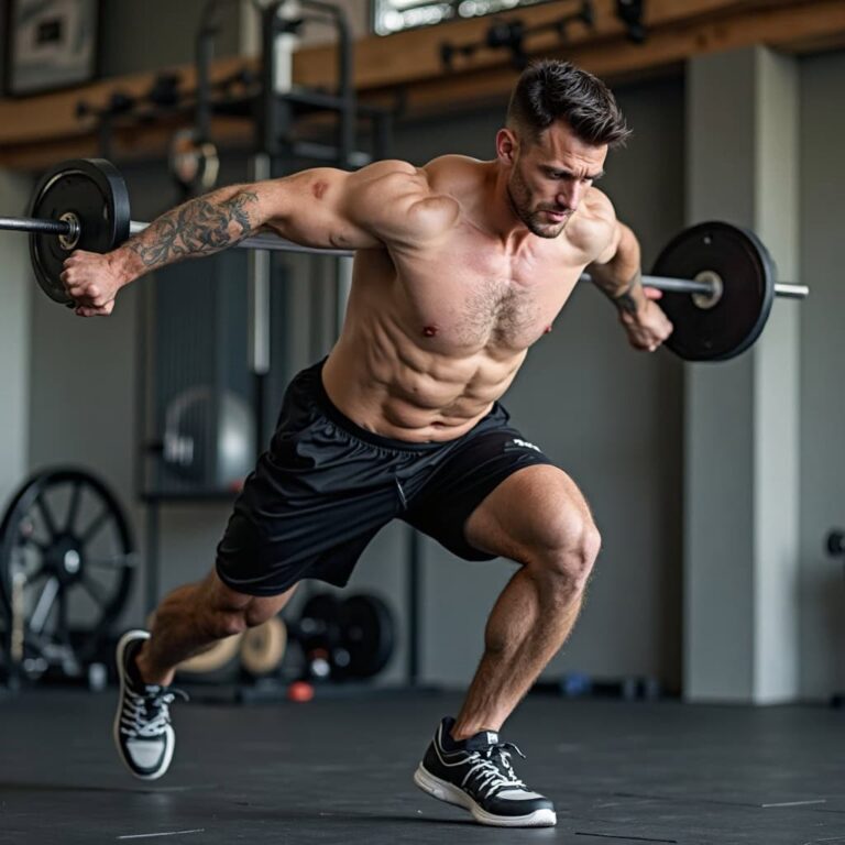 Hombre entrenando con kettlebells sin ganar volumen muscular